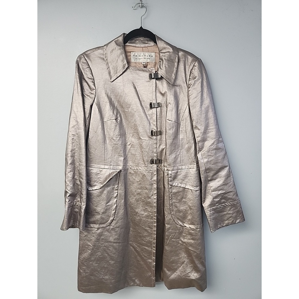 Vtg Trina Turk Women's Sz 10 Silver Clip Closure Pearlized Linen Trench Raincoat
